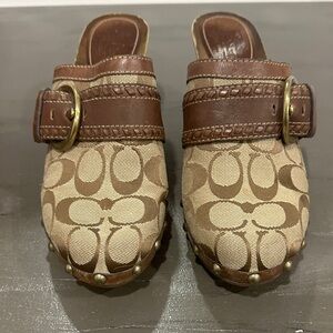 Coach Brown and Tan Mules with Gold Buckle